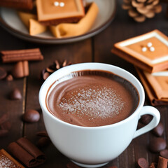 cup of hot chocolate coffee with cocoa, sugar powder and winter spices on cozy wooden background
