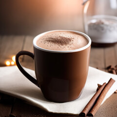cup of hot chocolate coffee with cocoa, sugar powder and winter spices on cozy wooden background