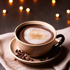 Obraz premium cup of hot chocolate coffee with cocoa, sugar powder and winter spices on cozy wooden background