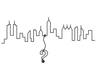 Abstract panoramic landscape with question mark as continuous lines drawing on white. Vector