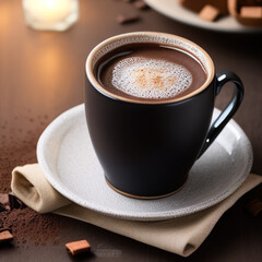 Fototapeta premium cup of hot chocolate coffee with cocoa, sugar powder and winter spices on cozy wooden background