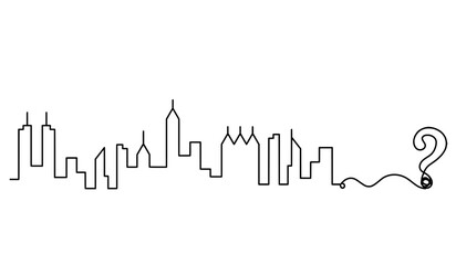 Abstract panoramic landscape with question mark as continuous lines drawing on white. Vector