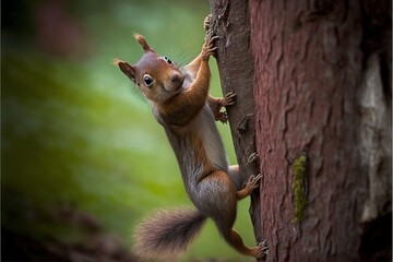 Obraz premium a red squirrel climbing up a tree in a forest, with its front paws on the side of a tree trunk, with its front paws on the side of a tree trunk, with a blurry background.