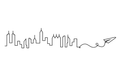Abstract panoramic landscape with paper plane as continuous lines drawing on white