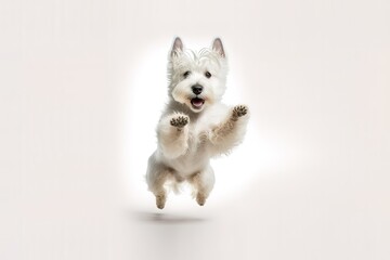 The West Highland Terrier Dog Jumping Isolated On Center Of White Background Generative AI