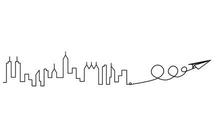 Abstract panoramic landscape with paper plane as continuous lines drawing on white