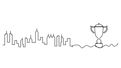 Abstract panoramic landscape with trophy as continuous lines drawing on white