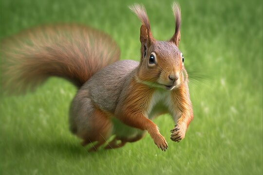 a squirrel is running through the grass with its tail in the air and it's eyes wide open and it's mouth wide open, with its mouth wide wide open, with its mouth wide open.