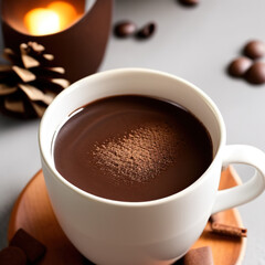 Fototapeta premium cup of hot chocolate coffee with cocoa, sugar powder and winter spices on cozy wooden background