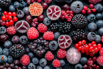 Red and black currants and frozen mixed berries in close up as food backdrop. Generative AI