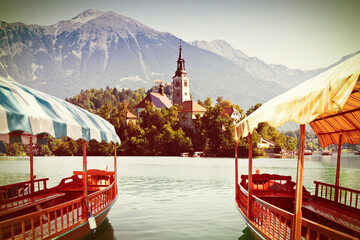Typical wooden boats, in slovenian call Pletna, in the Lake Bled, the most famous lake in Slovenia...