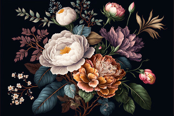 Delicate floral watercolor pattern, floral design for textile and background, watercolor peony flowers and green leaves, soft colors, boho style on black background, floristic vintage. Generative AI