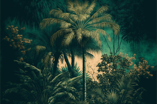 Green tropical forest with palm plants and leaves in vintage style, garden with lovely race flowers and leaves. Generative AI