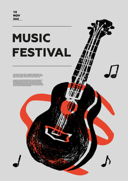 ukulele, Guitar, bracket, quadrant, folk. Music festival poster. String musical instruments. Competition. A set of vector illustrations. Minimalistic design. Banner, flyer, cover, print.	