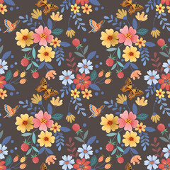 Cute colorful flowers with butterfly on brown color background seamless pattern.