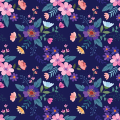 Beautiful blooming flowers on purple color background seamless pattern. Can be used for fabric textile wallpaper.