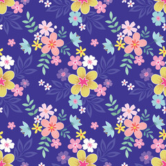 Fototapeta na wymiar Beautiful blooming flowers on purple color background seamless pattern. Can be used for fabric textile wallpaper.
