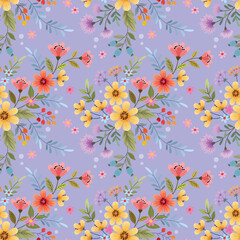 Fototapeta na wymiar Beautiful blooming flowers on purple color background seamless pattern. Can be used for fabric textile wallpaper.