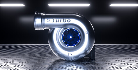 Turbocharger on a metal platform 3D rendering