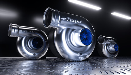 Turbocharger on a metal platform 3D rendering