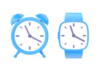 Clock 3d render icon set - simple alarm timer concept, red retro style alarmclock