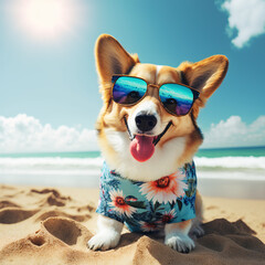 cute dog wearing Hawaii shirt sitting on the beach, wearing sunglass, smiling, Generative AI