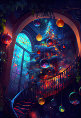 Large Christmas tree on the revolving staircase of the hall