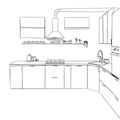 Kitchen interior drawing, vector illustration