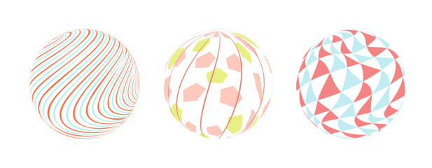 Color balls with lines and patterns. Set of vector striped spheres on white background. Optical illusion.