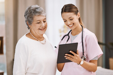Tablet, healthcare and nurse with senior woman for digital help, support or wellness check, data...