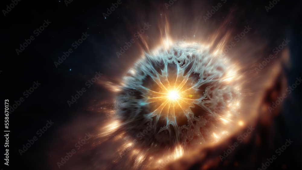 Poster View of the birth of a star in space during a nebula explosion. Nuclear fusion of cosmic clouds of gas and dusts. Universe background. Generative ai