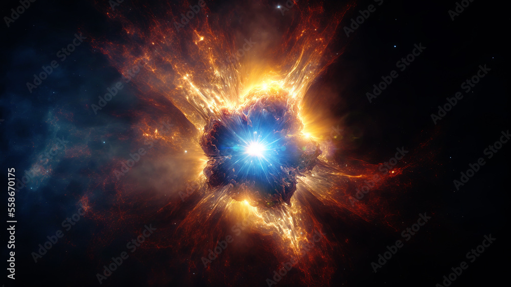 Poster View of the birth of a star in space during a nebula explosion. Nuclear fusion of cosmic clouds of gas and dusts. Universe background. Generative ai