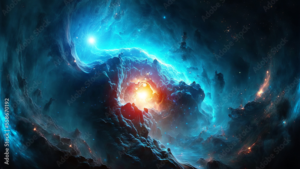 Poster large panoramic view of a colorful dark blue nebula in space. cosmic background with bright shining 
