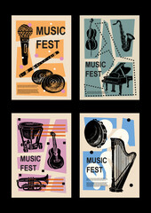 Guitar, horn, drum, piano. Music jazz festival poster. Musical instruments. Competition. A set of vector illustrations. Minimalistic design. Banner, flyer, cover, print.