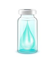 Drop serum collagen vitamins inside vaccine bottle. Used for beauty and medical advertisements. Glass bottle blue isolated on white background. 3D vector EPS10.