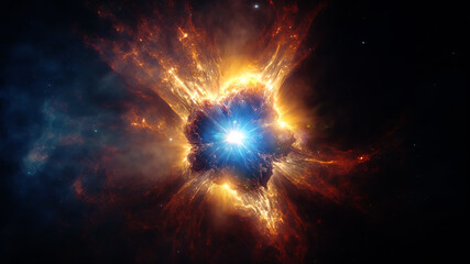 View of the birth of a star in space during a nebula explosion. Nuclear fusion of cosmic clouds of gas and dusts. Universe background. Generative ai