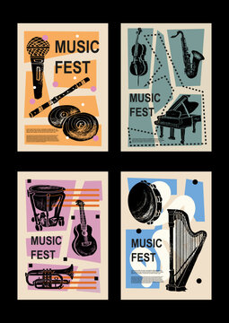 Guitar, horn, drum, piano. Music jazz festival poster. Musical instruments. Competition. A set of vector illustrations. Minimalistic design. Banner, flyer, cover, print.