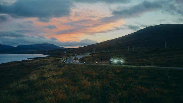 driving at sunset in the mountains