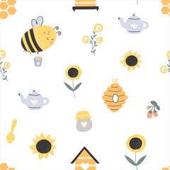 Seamless pattern with cute handrawn bees and beekeeping elements, honey, sunflower, beehive, honeycomb, honey jar, teapot. Texture for fabric, wrapping, textile, wallpaper, apparel. Vector graphic