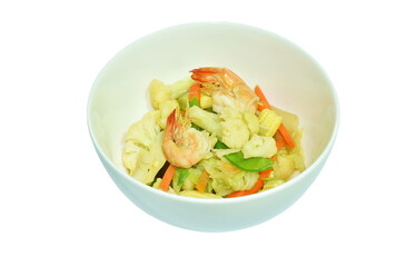 stir fried slice cauliflower and mixed vegetable with shrimp on bowl