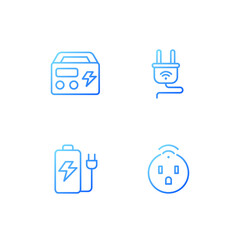 Electric devices pixel perfect gradient linear vector icons set. Smart socket, plug. Portable generator and battery. Thin line contour symbol designs bundle. Isolated outline illustrations collection