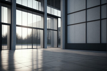 minimalist interior of a large office building with glass windows, 3d render, design solution. Generative AI
