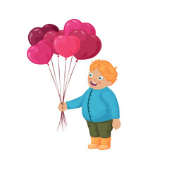 A boy with balloons in the form of hearts. Cute boy in cartoon style. Illustration for Valentine s Day. A child with balloons