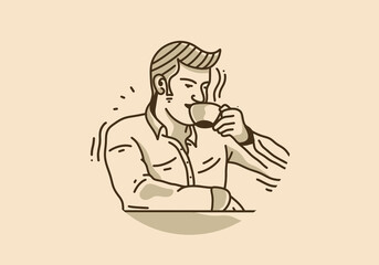 Vintage illustration design of man drinking a cup of coffee