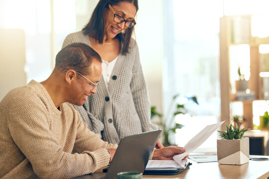 Love, Retirement And Senior Couple With Laptop, Investment And Pension Fund Planning. Retired, Man And Woman With Search Online, Budget And Paying Debt For Mortgage, Insurance And Finance Growth.