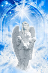 angel archangel with divine rays of light, stars and sky liek spiritual, religious, angelic and mystical concept 