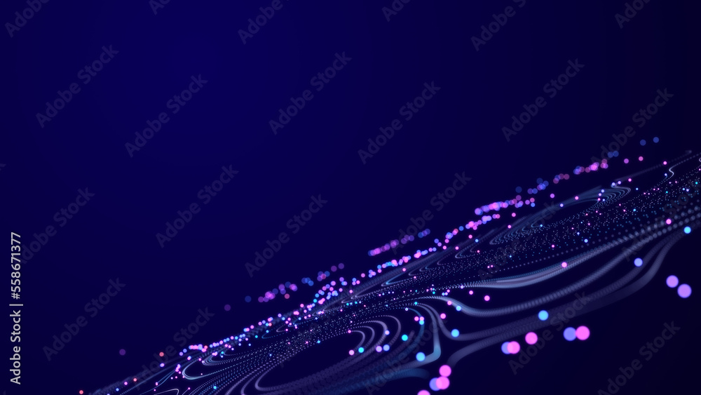 Poster Music wave of particles. Big data visualization. Abstract blue background with a dynamic wave. 3d rendering.