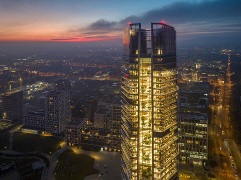 Hungary - Budapest landscape with the amazing highest skyscraper (MOL HQ) from drone view at night