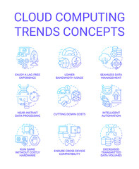Cloud computing trends benefits blue gradient concept icons set. Digital innovating idea thin line color illustrations. Isolated symbols. Editable stroke. Roboto-Medium, Myriad Pro-Bold fonts used