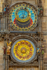 Fototapeta na wymiar The medieval astronomical clock (Prague Orloj) Attached to the Old Town Hall, The third-oldest astronomical clock in the world and the oldest one still operating, Prague capital of the Czech Republic.